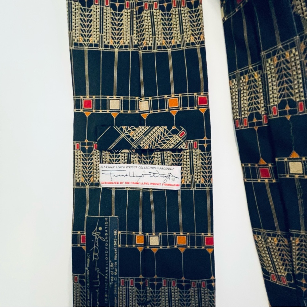 Frank Lloyd Wright black Tie with Geometric Gold and Red Accents - Picture 3 of 3